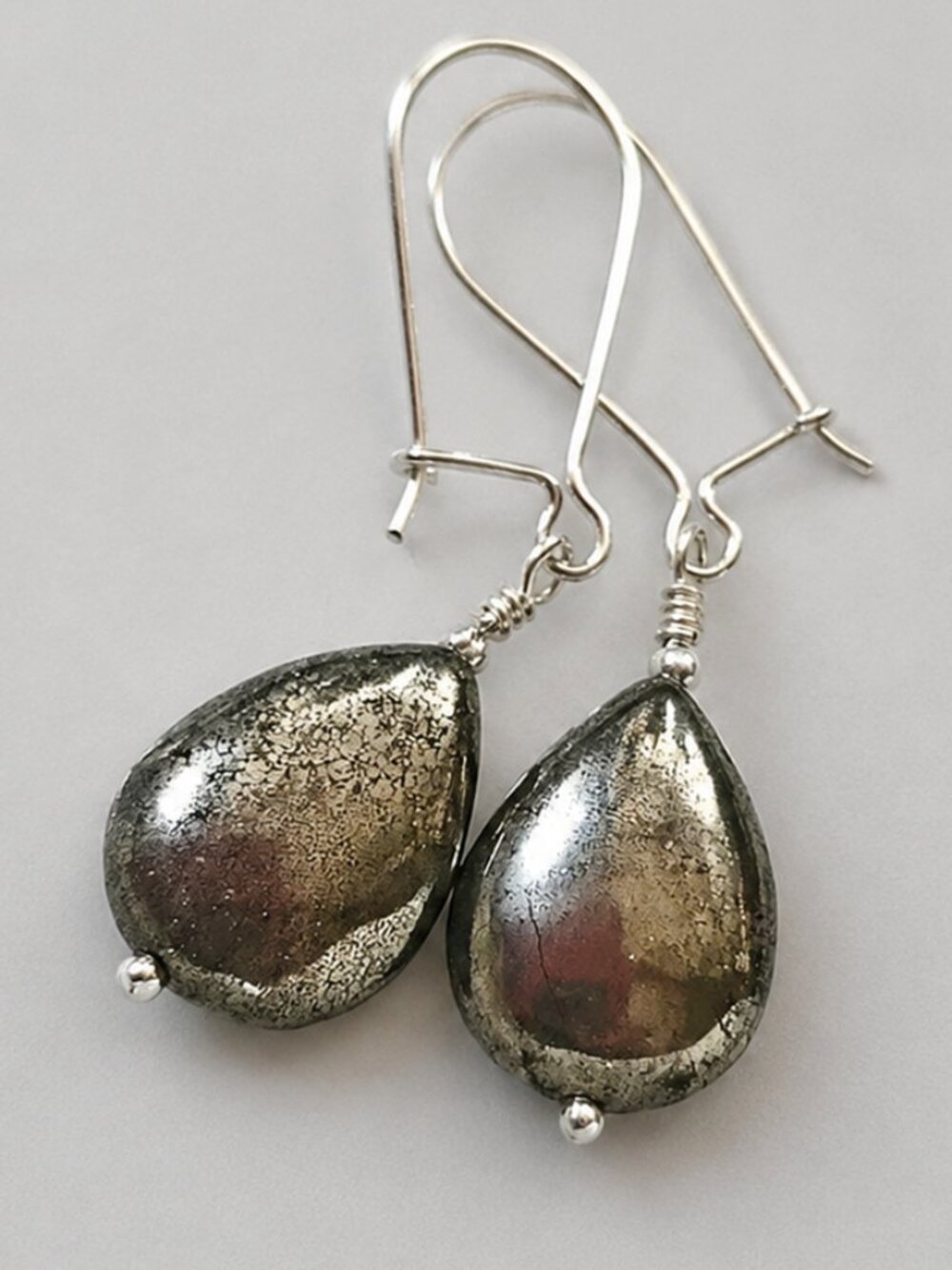 Pyrite Teardrop Earrings 925 Sterling Silver Genuine Gemstone Jewelry - Picture 6 of 10